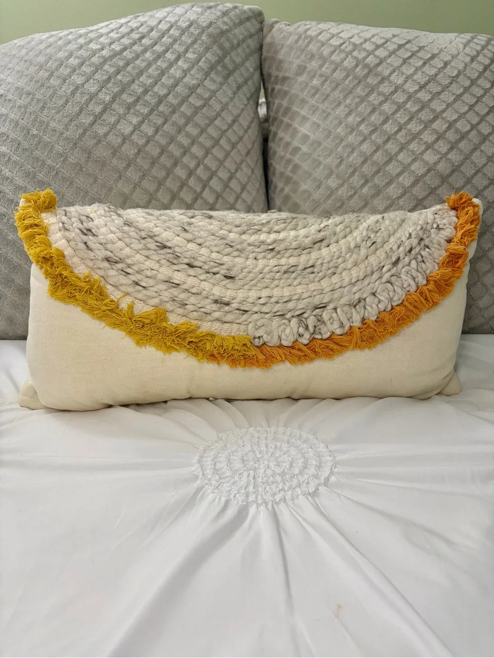 Opalhouse Bohemian Neutral Grey Gold & Yellow Fringe Accent Pillow 21 x 12